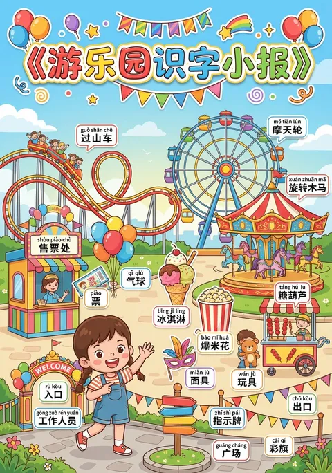 Cartoon amusement-park literacy poster labeling rides and snacks in Chinese with pinyin, AI generated