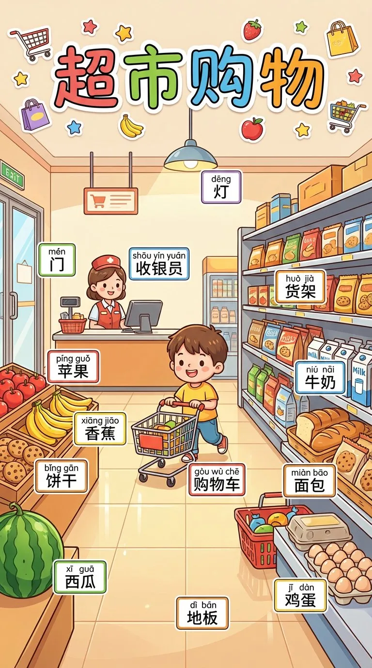 Supermarket shopping scene literacy poster with cashier, child with cart and product labels, AI generated