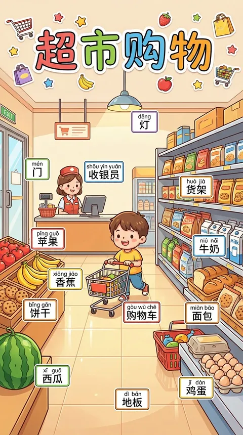 Supermarket shopping scene literacy poster with cashier, child with cart and product labels, AI generated