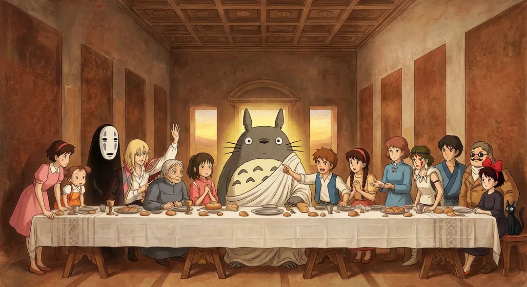 Studio Ghibli characters recreating da Vinci’s The Last Supper, generated with 通用 / 未注明