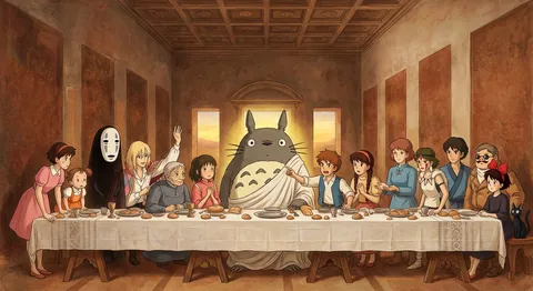 Studio Ghibli characters recreating da Vinci’s The Last Supper, generated with 通用 / 未注明