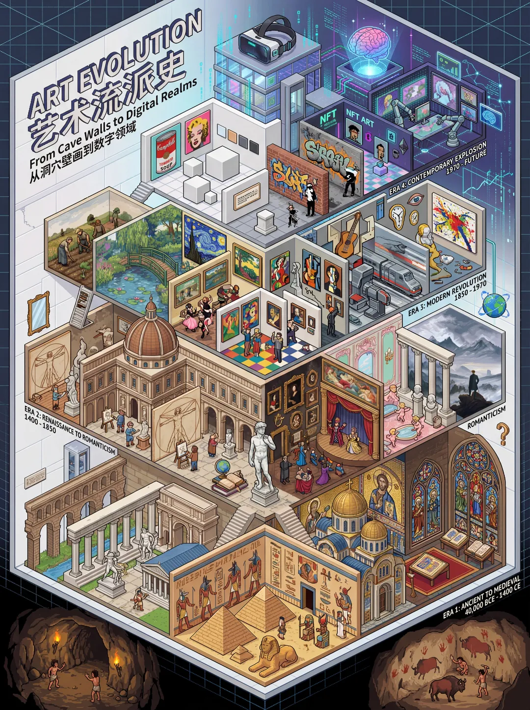Isometric pixel art poster of art history evolution, AI generated