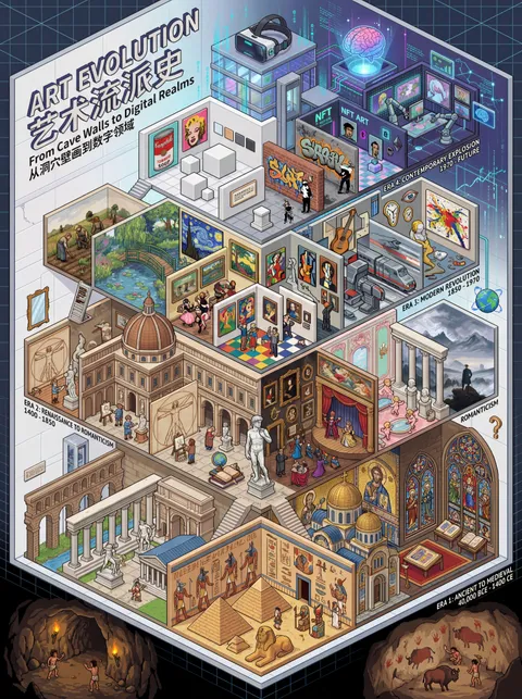 Isometric pixel art poster of art history evolution, AI generated