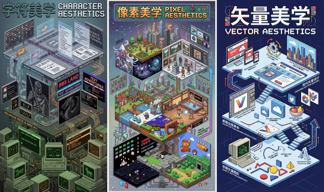 Three-panel digital aesthetics posters, AI generated