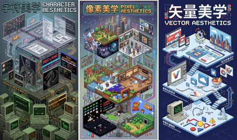 Three-panel digital aesthetics posters, AI generated
