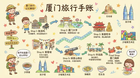 Xiamen travel journal crayon illustration, AI generated