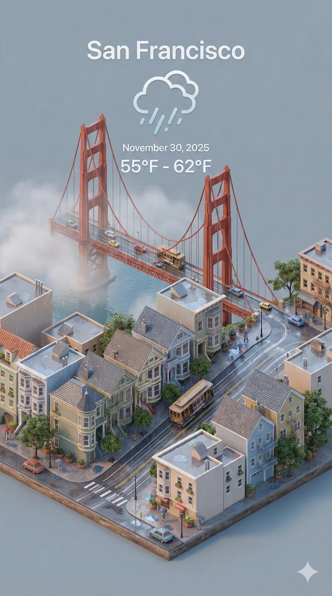 Isometric miniature weather card of San Francisco Golden Gate Bridge, AI generated