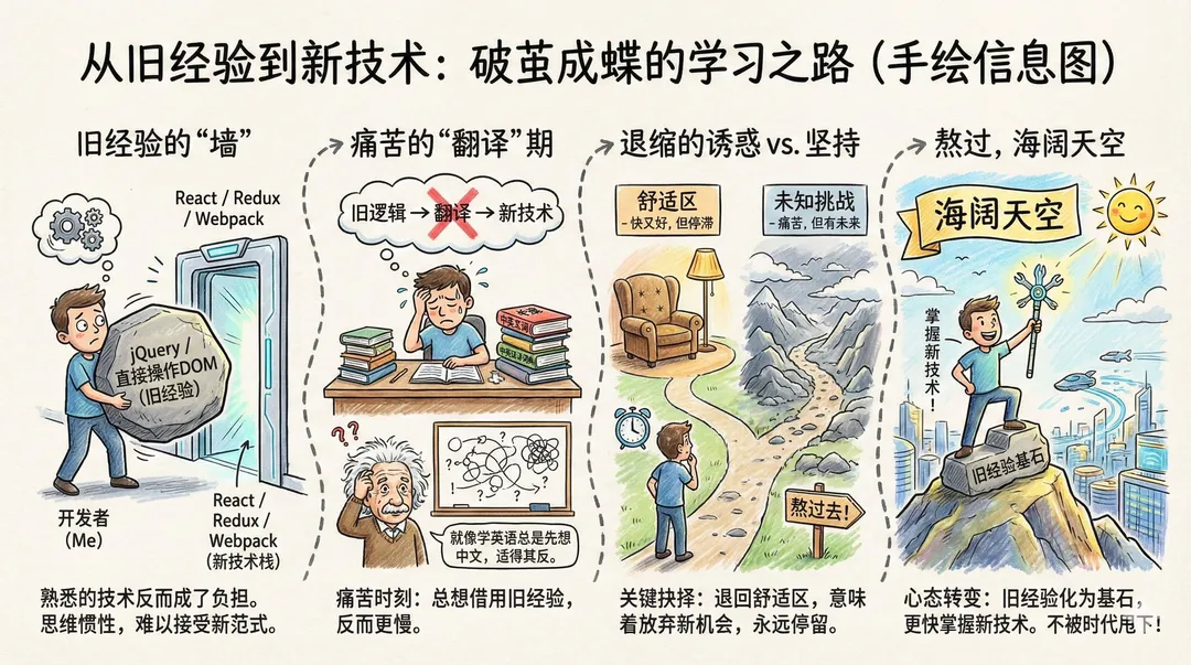 Hand-drawn infographic showing learning path from old experience to new technology breakthrough, AI generated
