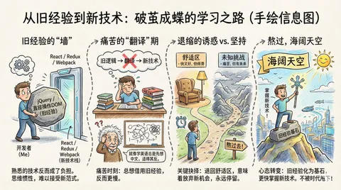 Hand-drawn infographic showing learning path from old experience to new technology breakthrough, AI generated