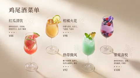 Cocktail menu display with five elegant cocktail glasses, AI generated