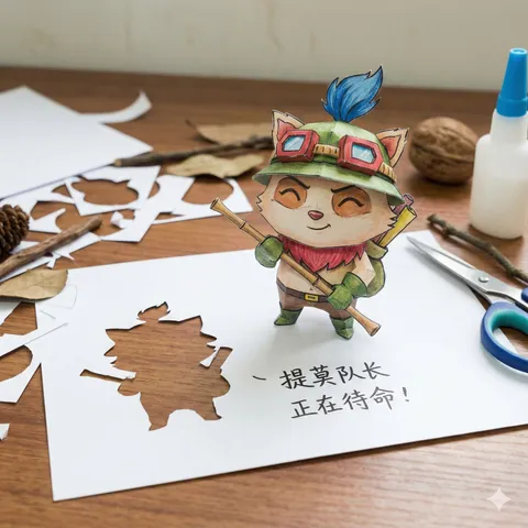 Paper craft cutout of Teemo standing beside silhouette, generated with Nano Banana
