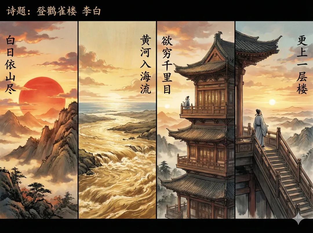 Four-panel traditional Chinese landscape illustrating each line of the Stork Tower poem with sunrise, river, pavilion and sch