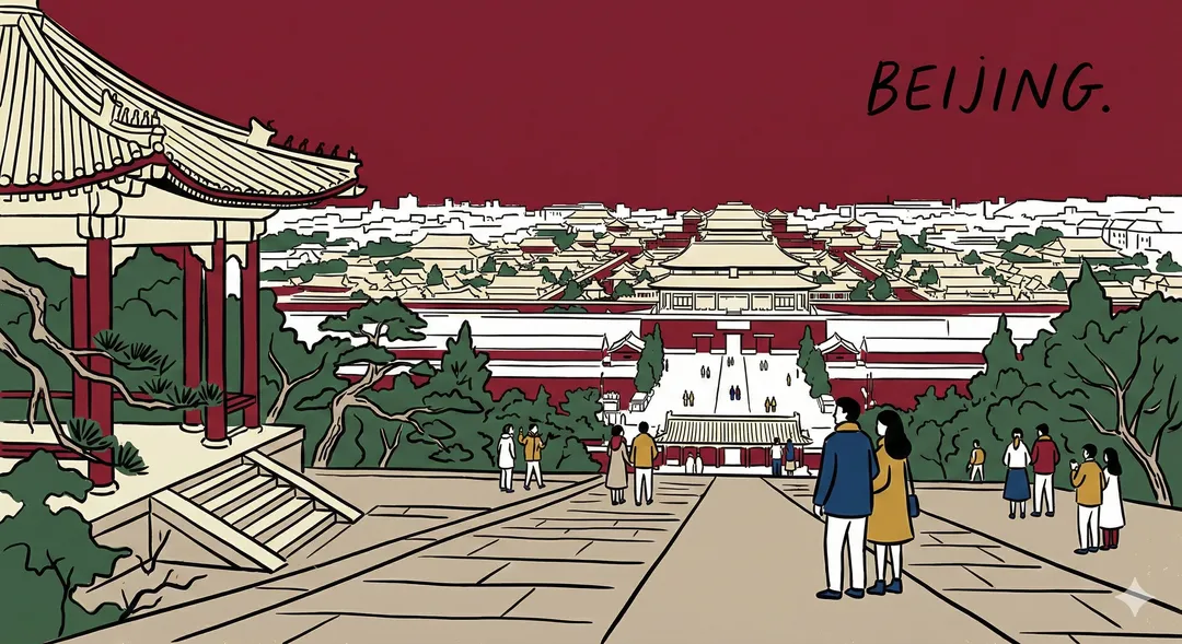 Retro illustration poster of Beijing Forbidden City, AI generated