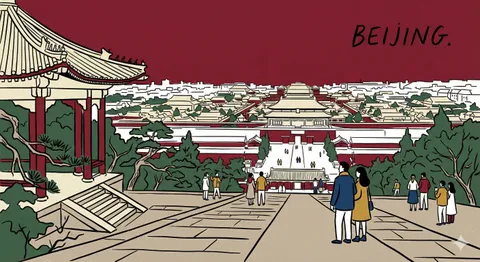 Retro illustration poster of Beijing Forbidden City, AI generated
