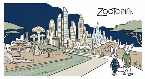 Zootopia-style city night illustration with rabbit and fox characters walking, AI generated