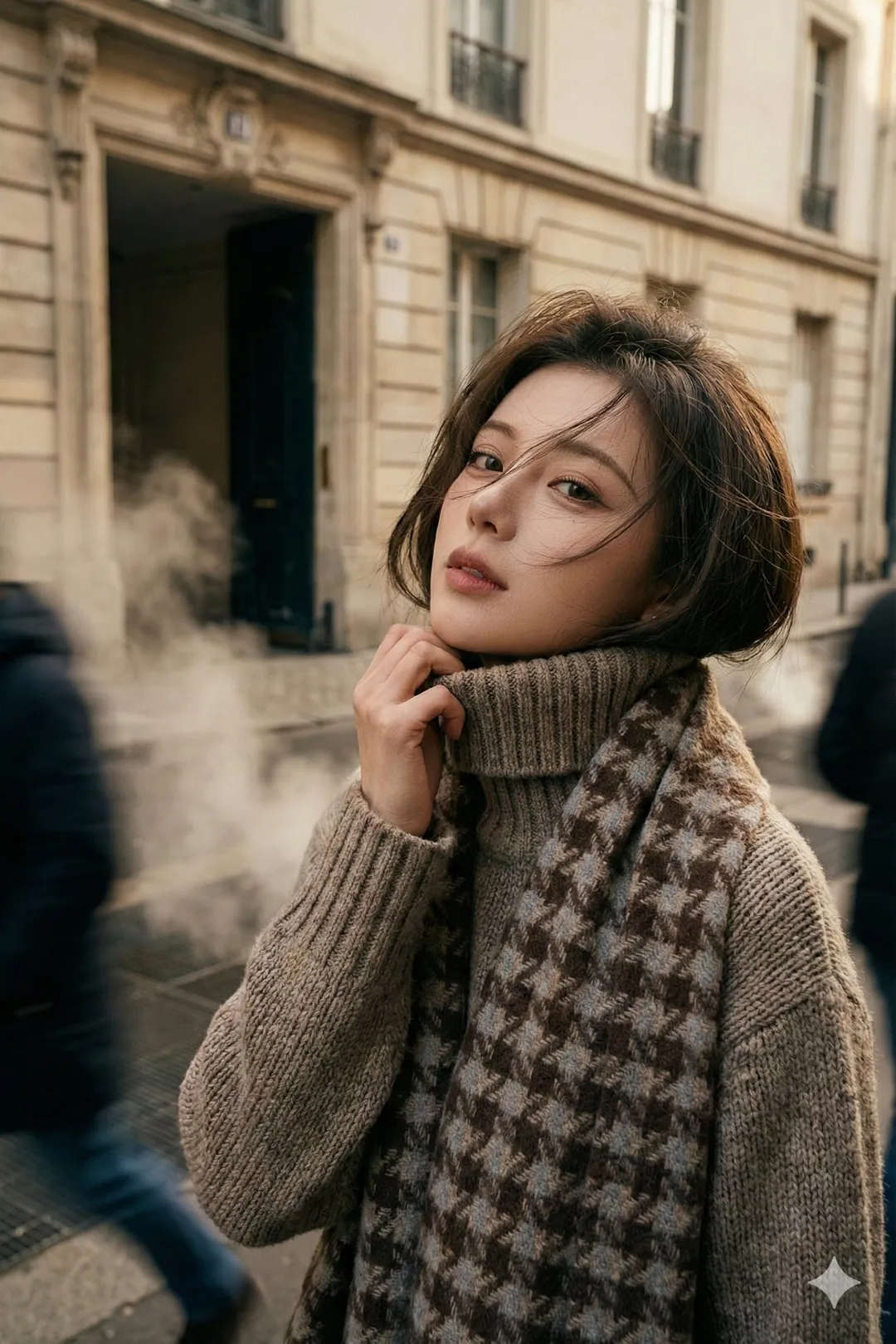 Short-haired woman on Paris street wearing houndstooth scarf and sweater with steam in background, AI generated