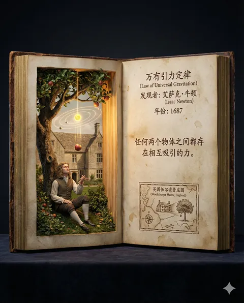 Open book diorama of Newton discovering gravity with apple tree and orbiting planets, AI generated