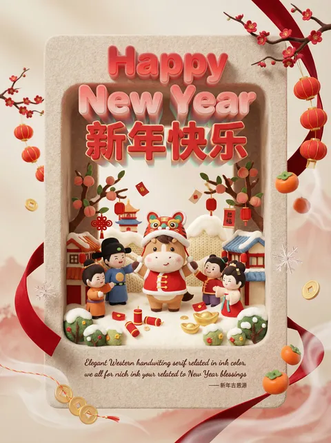 Embossed New Year poster with horse mascot and children in festive setting, AI generated