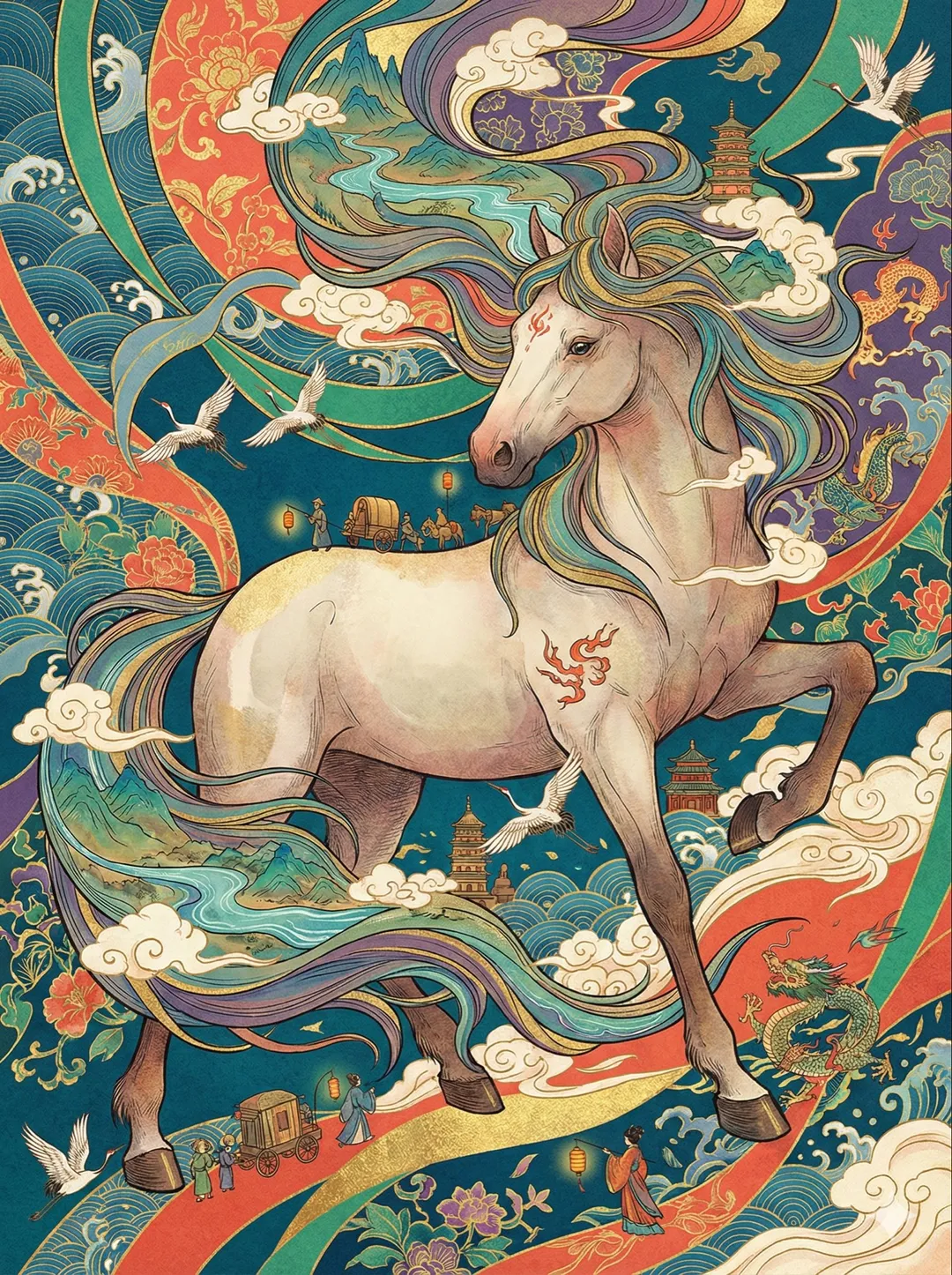 White divine horse galloping amid auspicious clouds and waves, generated with 通用 / 未注明