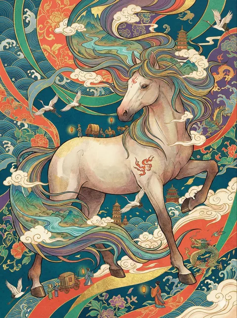 White divine horse galloping amid auspicious clouds and waves, generated with 通用 / 未注明