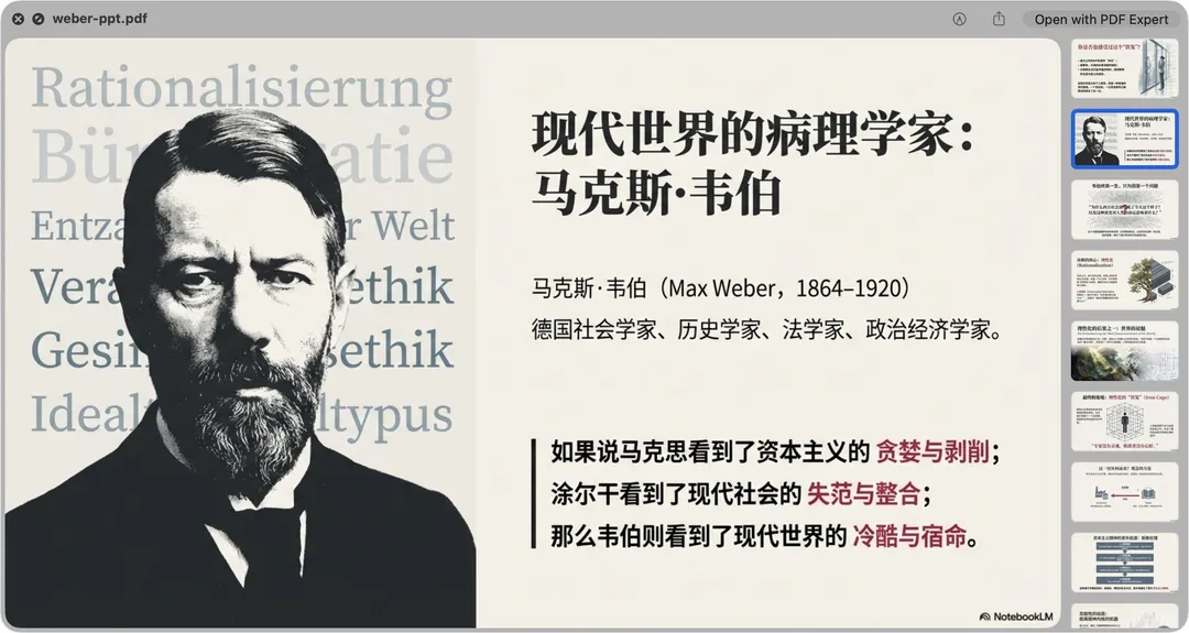Slide with Weber portrait and introduction to rationalization, AI generated
