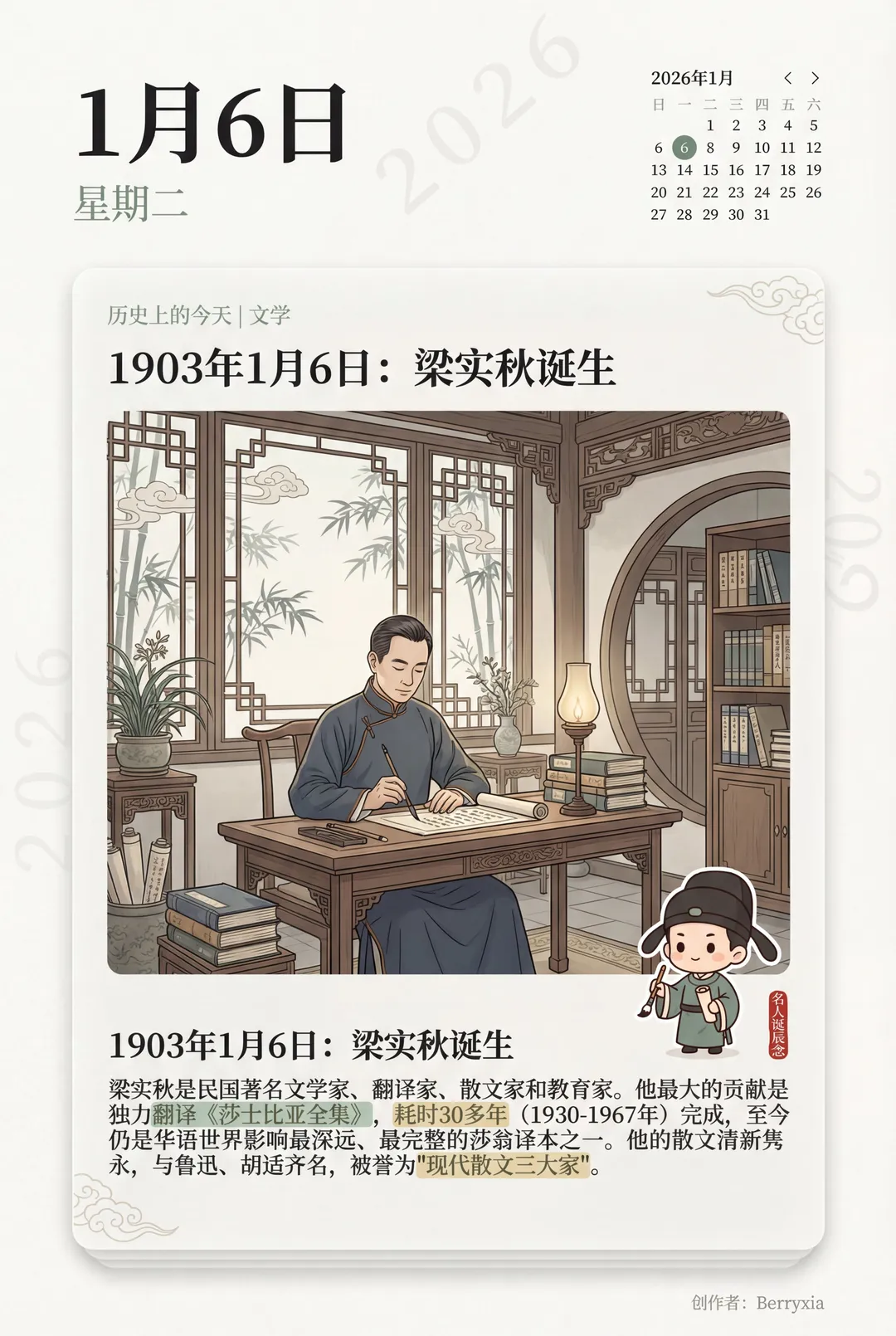 Póster de Hoy en la historia que conmemora el natalicio de Liang Shiqiu, generado con IA