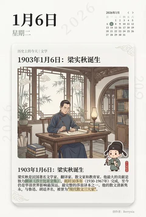 历史上的今天海报，展示梁实秋诞辰｜AIで生成