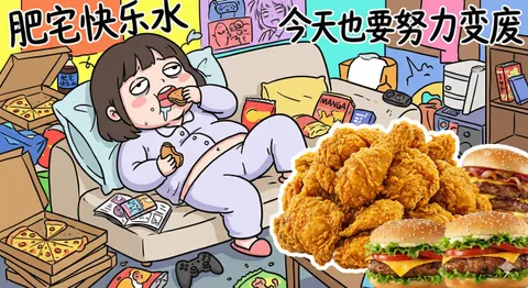 Cartoon collage of a lazy woman lying on sofa eating snacks, generated with 通用 / 未注明