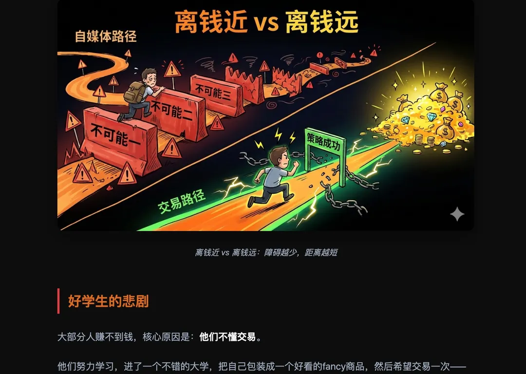 Comic comparing paths close vs far from money, AI generated