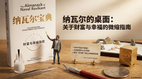 Miniature figure standing beside a book explaining wealth and happiness, generated with 通用 / 未注明
