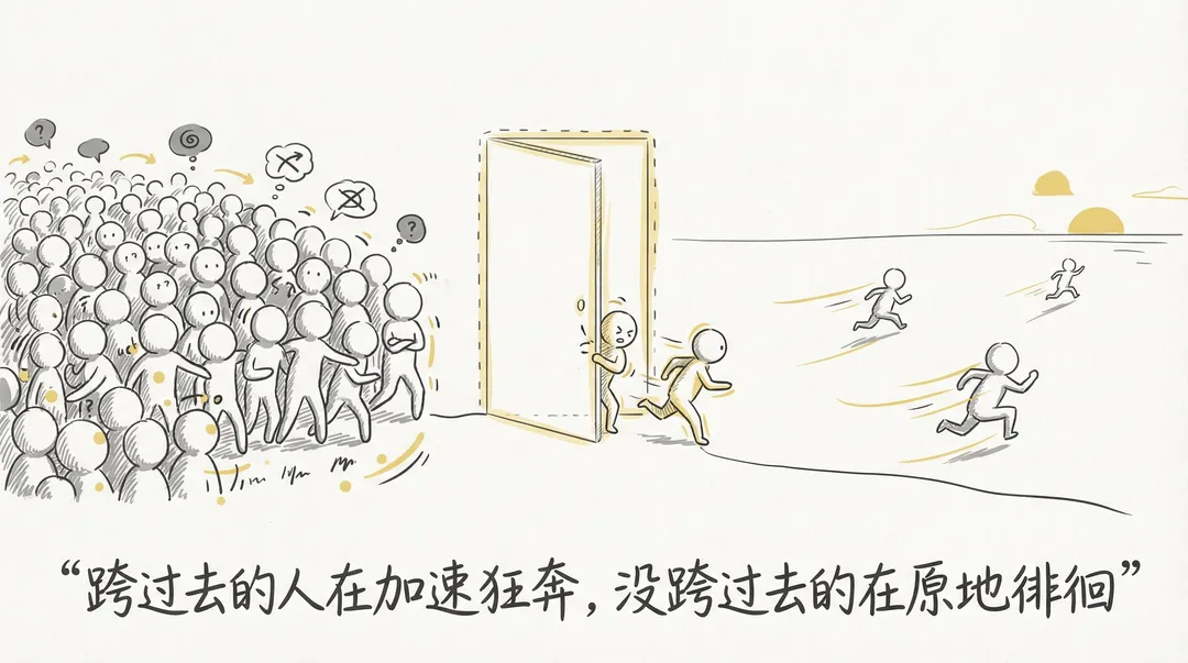 線画：ビーチへ続くドアに群がる人々と、取り残された少数の人々｜Nano Banana で生成