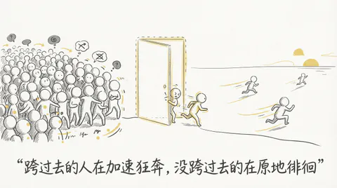 Simple line drawing: crowd rushing through door to beach, few staying behind, generated with Nano Banana