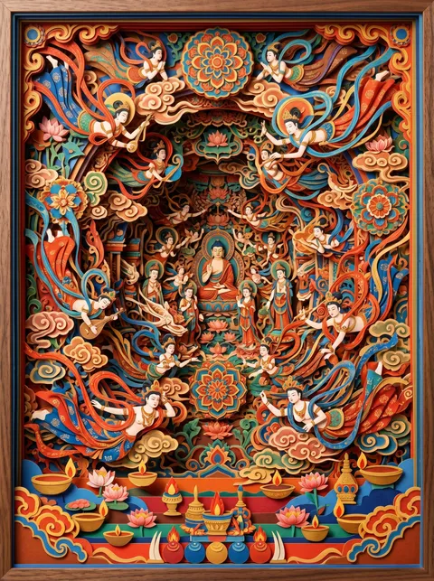 Layered paper-cut diorama of Dunhuang flying apsaras with lotuses and clouds in vibrant traditional colors, generated with 通用