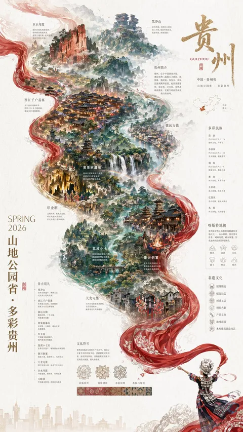 2026 spring promotional poster with Guizhou landscapes and flowing red ribbons, AI generated