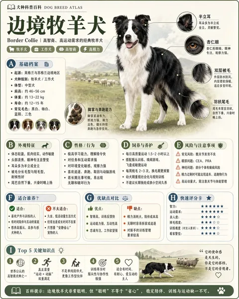 Border Collie encyclopedia infographic showing appearance and care details, generated with GPT Image 2