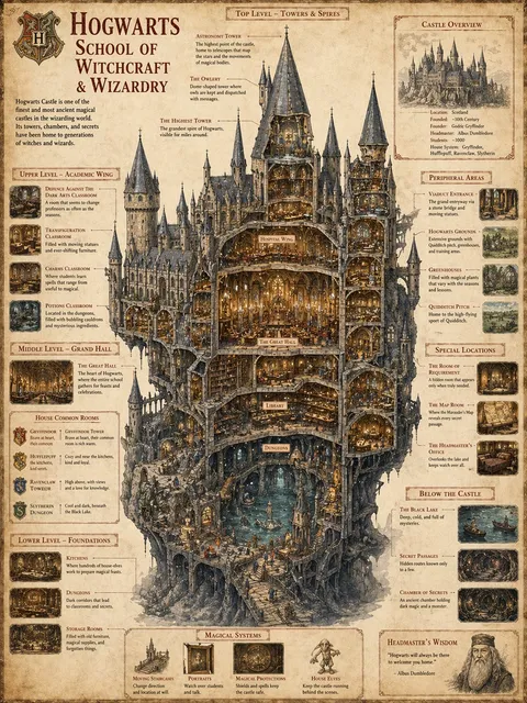 English-labeled vertical cross-section infographic of Hogwarts Castle, generated with GPT Image 2