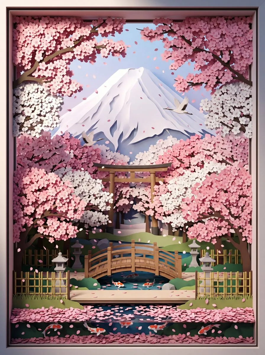3D layered paper-cut diorama of Mount Fuji surrounded by cherry blossoms, torii and wooden bridge, generated with GPT Image 2