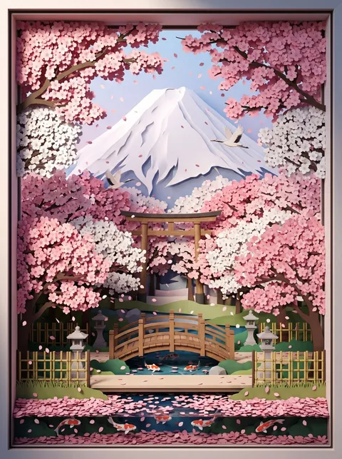3D layered paper-cut diorama of Mount Fuji surrounded by cherry blossoms, torii and wooden bridge, generated with GPT Image 2