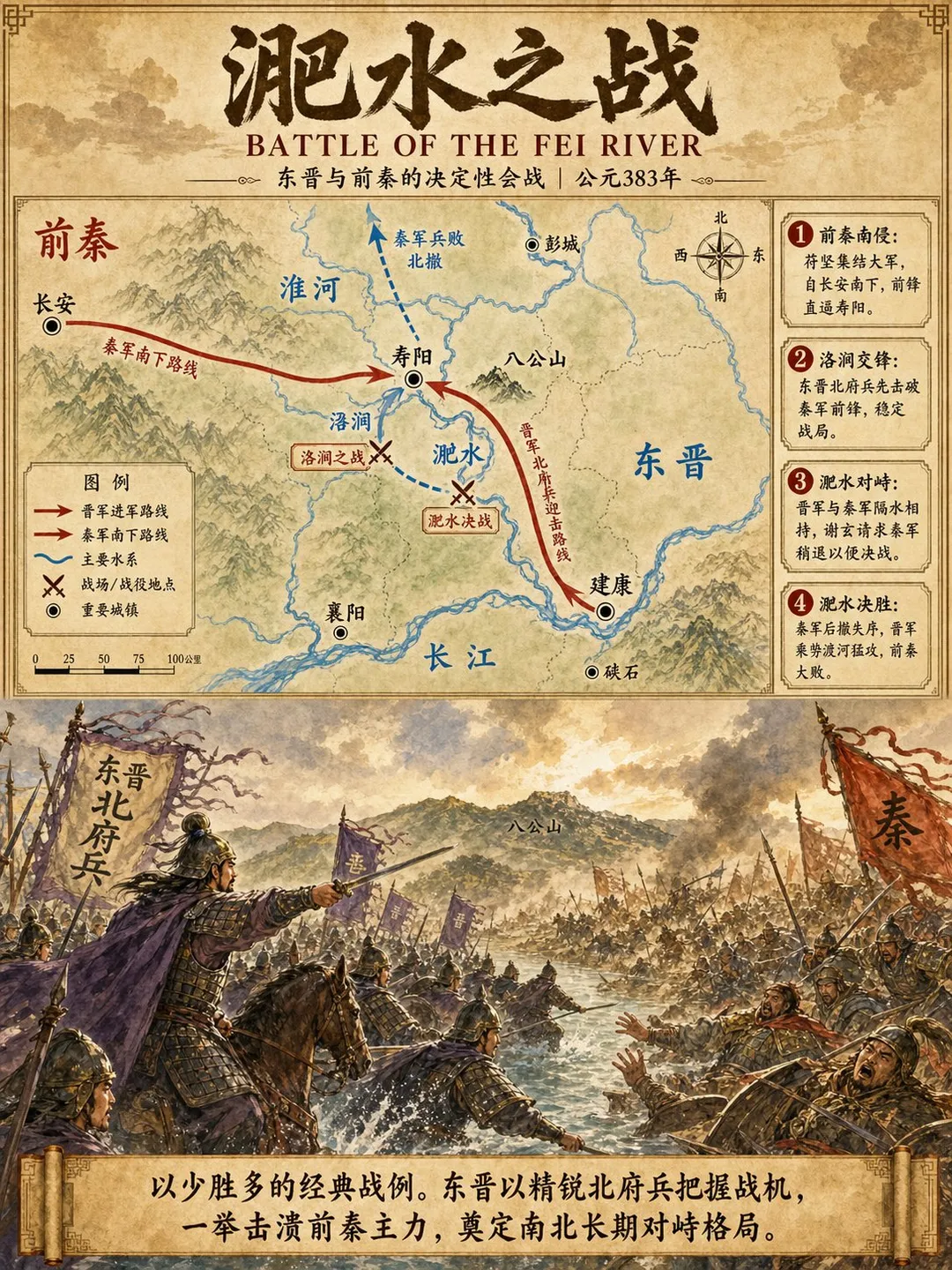 Historical poster of Battle of the Fei River map with battle illustrations, AI generated