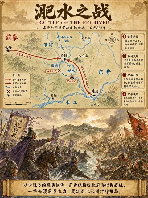 Historical poster of Battle of the Fei River map with battle illustrations, AI generated