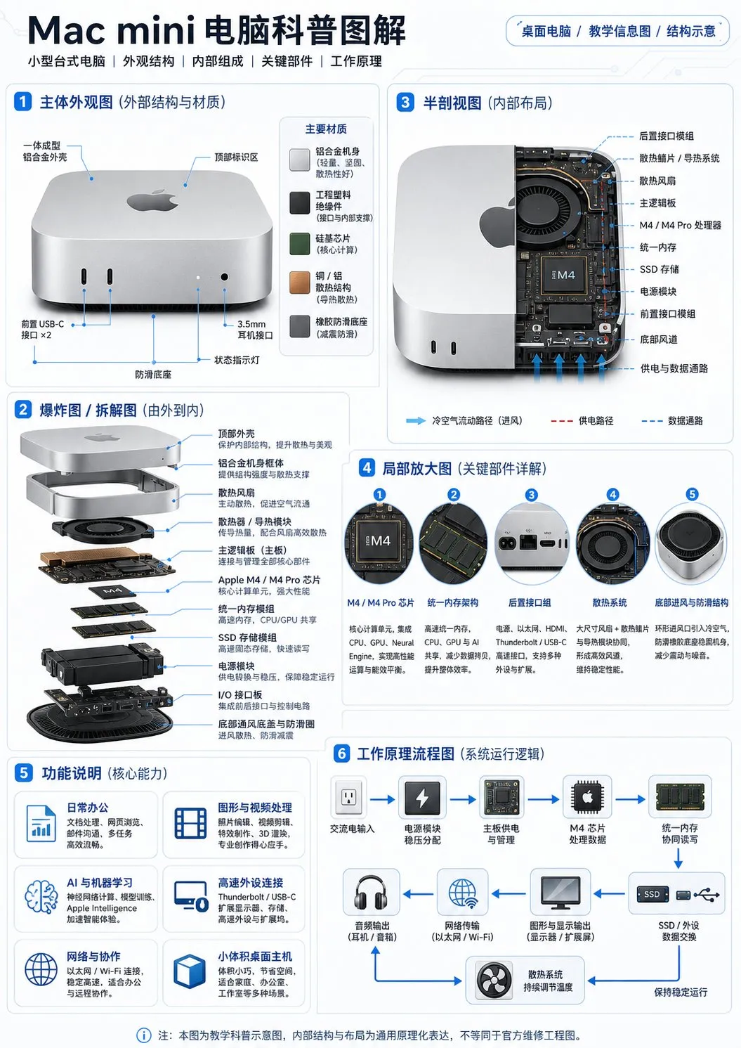 Mac mini computer structure infographic with exterior, internal parts and functional annotations, AI generated