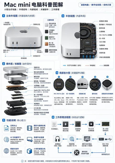 Mac mini computer structure infographic with exterior, internal parts and functional annotations, AI generated
