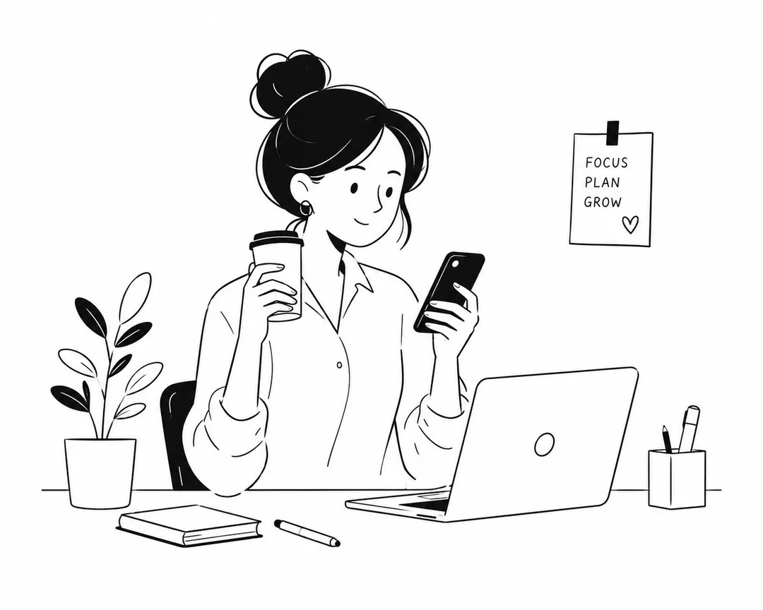 Black and white line drawing of a professional woman at desk with phone and coffee, generated with 通用 / 未注明