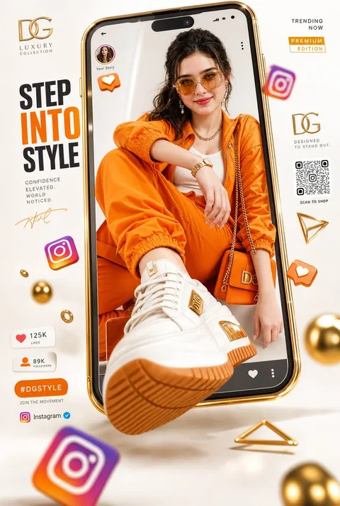 Fashion poster of woman in orange tracksuit inside gold smartphone frame, AI generated