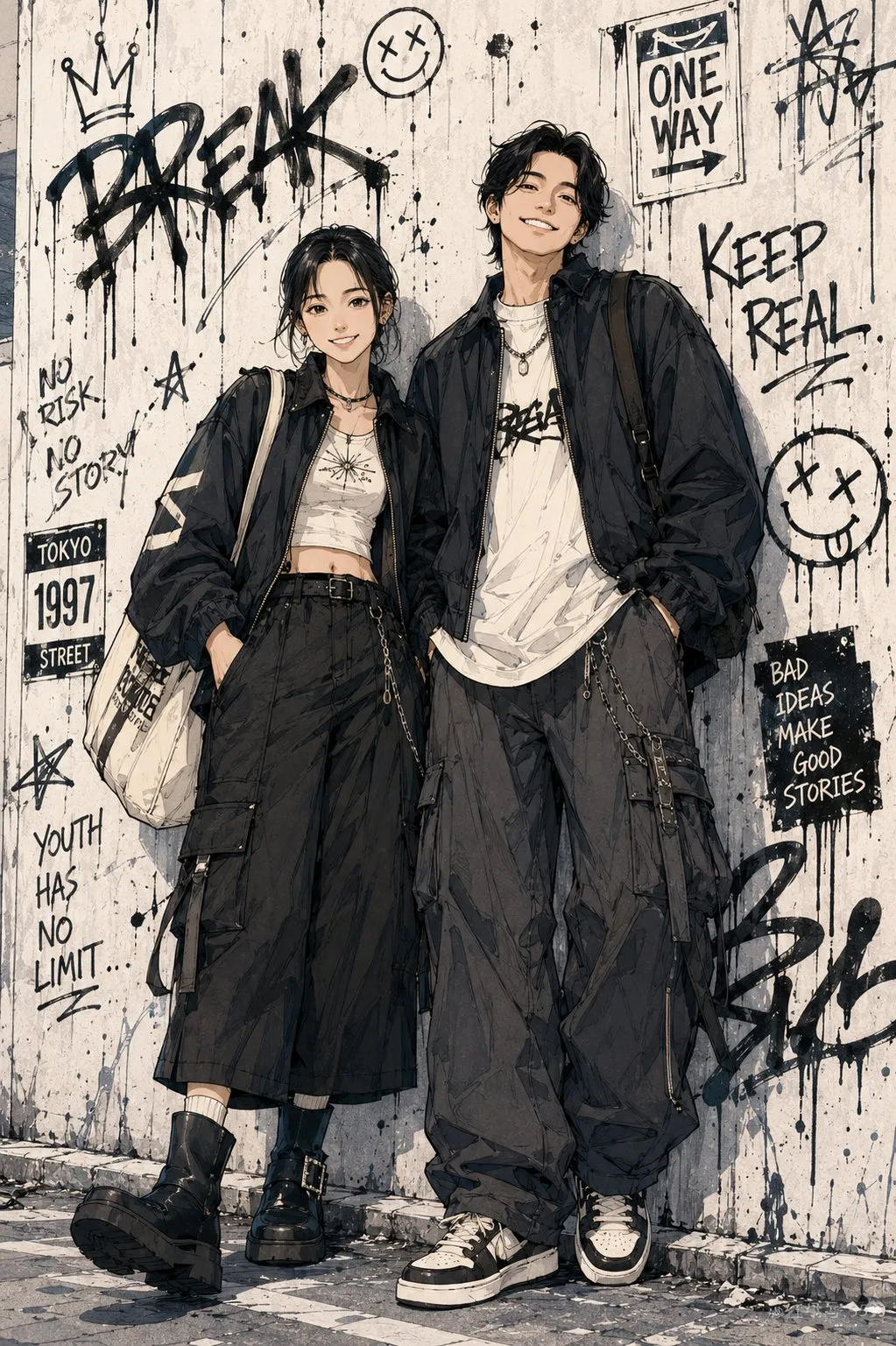 Young man and woman leaning against graffiti wall wearing black cargo pants and oversized jackets, generated with GPT Image 2