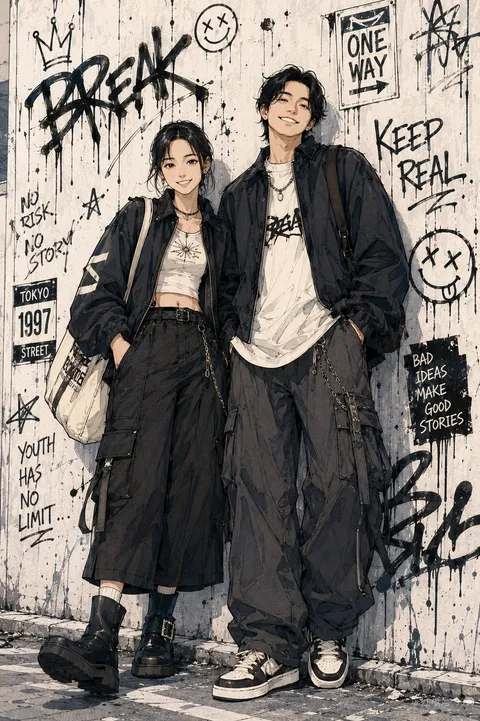 Young man and woman leaning against graffiti wall wearing black cargo pants and oversized jackets, generated with GPT Image 2