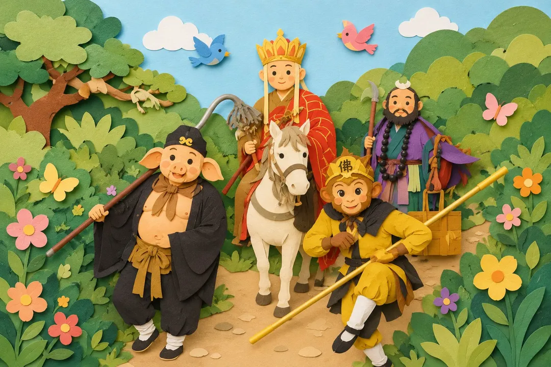 Paper craft style Journey to the West quartet on forest path, AI generated