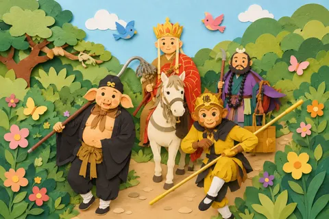 Paper craft style Journey to the West quartet on forest path, AI generated
