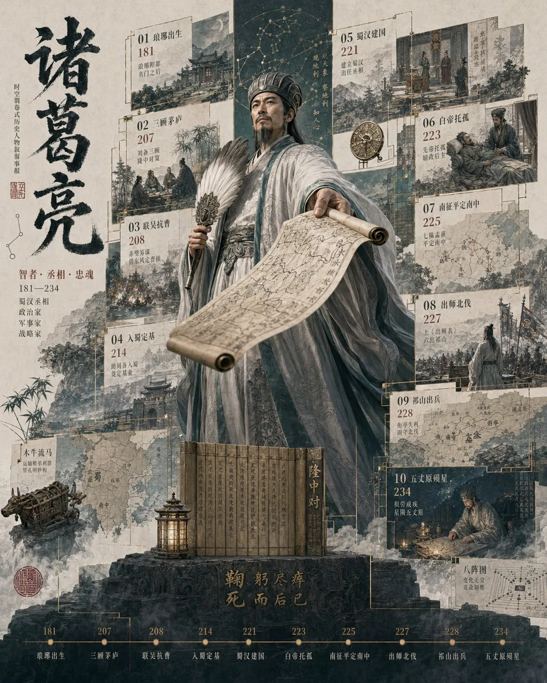 3D statue poster of Zhuge Liang, AI generated