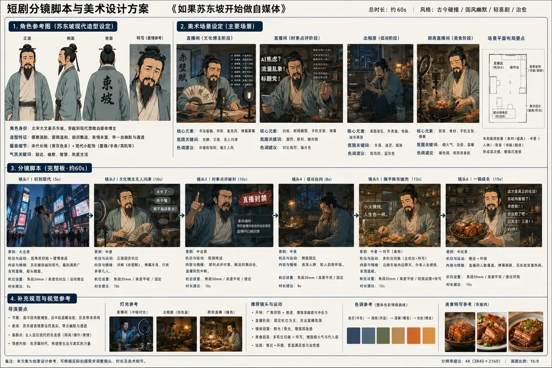 Multi-panel storyboard of Su Dongpo in self-media scenarios, AI generated